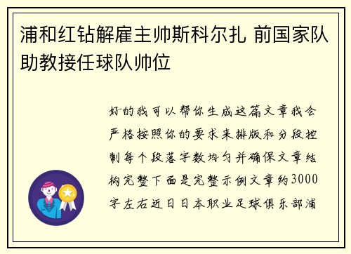 浦和红钻解雇主帅斯科尔扎 前国家队助教接任球队帅位